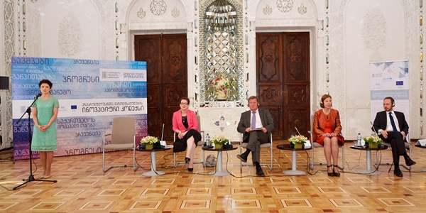 20 July 2015, Solemn Ceremony in connection with the adoption of Georgia's first Juvenile Justice Code, developed by the Ministry of Justice with support from this HD-led EU-funded project and UNICEF. From left: Ms Tea Tsulukiani, Minister of Justice in Georgia; Ms Nino Gvenetadze, Chairperson of the Supreme Court and co-author of the Juvenile Justice Code; Mr Janos Herman, EU ambassador to Georgia; Justice Renate Winter, project Team Leader; and Mr Sascha Graumann, UNICEF Representative.