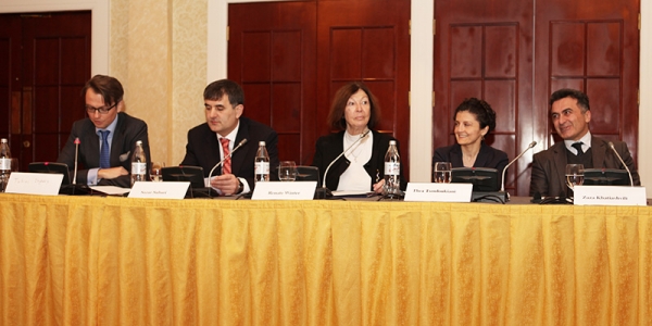 Jan 2013, official project launch. From left: Mr Tobias Thyberg, EU Mission in Georgia;  Mr Sozar Subari, Minister of Corrections and Legal Assistance; Justice Renate Winter, project Team Leader; Ms Thea Tsouloukiani, Minister of Justice; and Dr Zaza Khatiashvili, Chairman of Georgia's Bar Association.