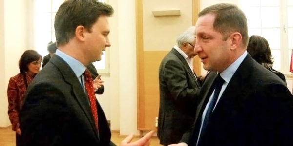 Jakob meeting  the Georgian Minister for European and Euro-Atlantic Integration Alex Petriashvili in January 2014 at the the Diplomatische Akademie Wien where the Minister gave a presentation on Georgia's future integration with the European Union.