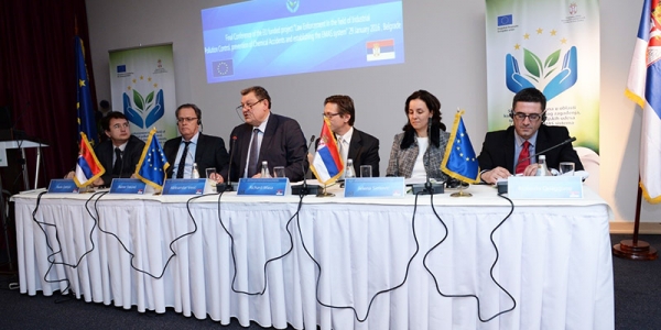 29 Jan 2016, Belgrade, EMAS project Final Conference. Key focus of the conference was the draft Implementation Plan for the Industrial Emissions Directive. In the centre (from left): Mr Aleksandar Vesic, Assistant Minister of Agriculture and Environmental Protection of Serbia; Richard Masa, EUD Serbia; Ms Jelena Simovic, Assistant Minister for the Ministry of Energy and Mining of Serbia.