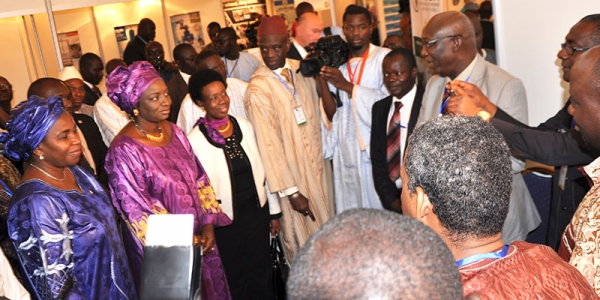 PM of Senegal, Commissioner of REA of the AUC Rhoda Tumusiime, EU Delegation and AMCOW President  visit the exhibition booth of Monitoring for Environment and Security in Africa (MESA) exhibited during the 5th African Water Week and the 9th General Assembly of the African Ministers Council on Water, 26-31 May 2014, Dakar, Senegal. The event included fora for Business, Civil society and Donors and several side exhibitions. About 1000 participants attended.