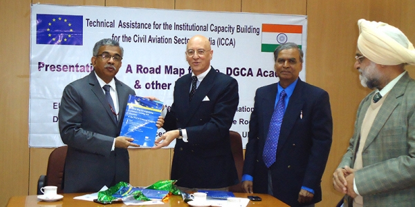 Presentation of Road Map to systematic training and education at the DGCA Training Academy. From left: Mr E. K. Bharat Bhushan, Director General, DGCA;  Mr Richard Koppmair, Team Leader EU- ICCA Project; and Mr J. S. Rawat, Joint DG, DGCA. 